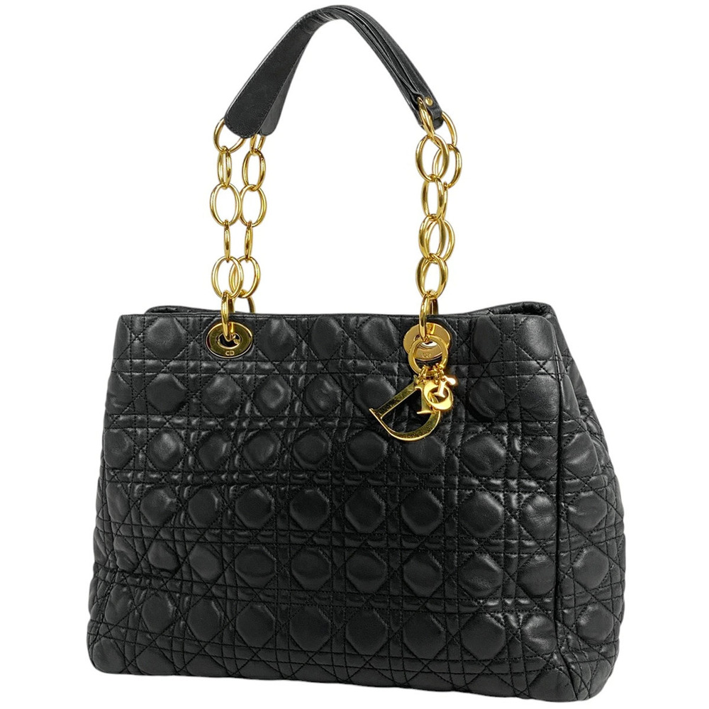 Christian Dior Cannage Quilted Chain Tote Bag Shoulder Leather Black